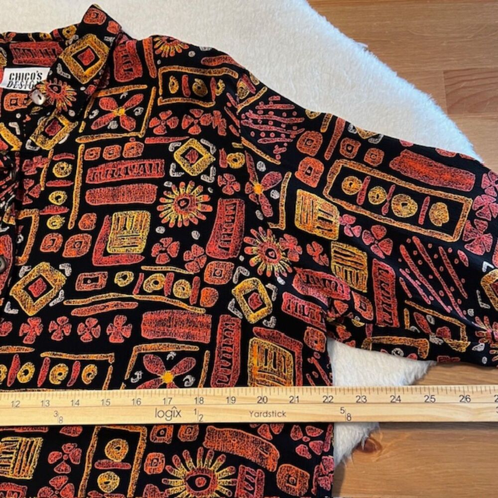 Chicos Design Orange Black 100% Rayon Fiesta Button Front Long Sleeve Top Size 3 - Picture 10 of 11